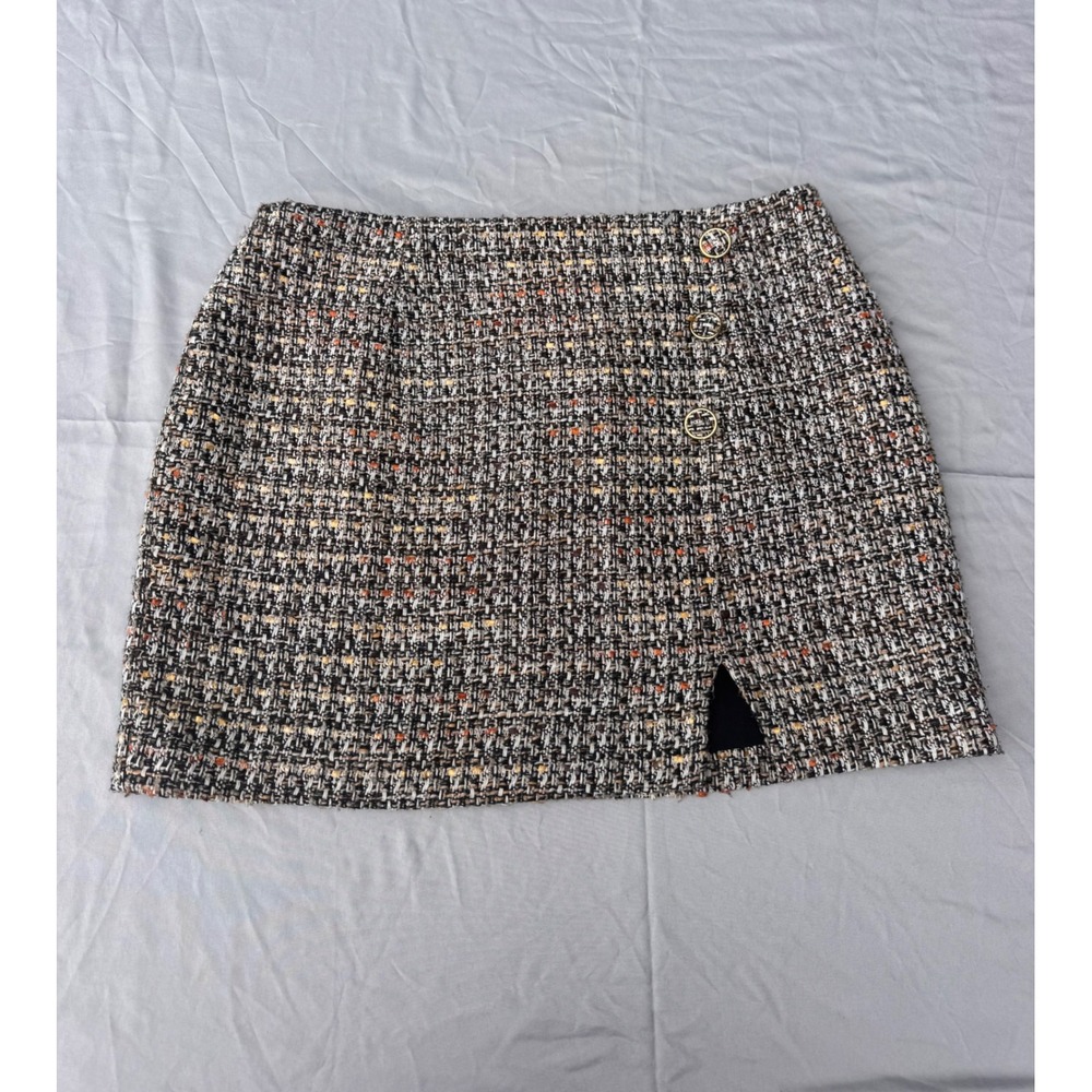 Gianni Bini Tweed Mini Skirt Black Multi Plaid Gold Button Front Slit Size 10